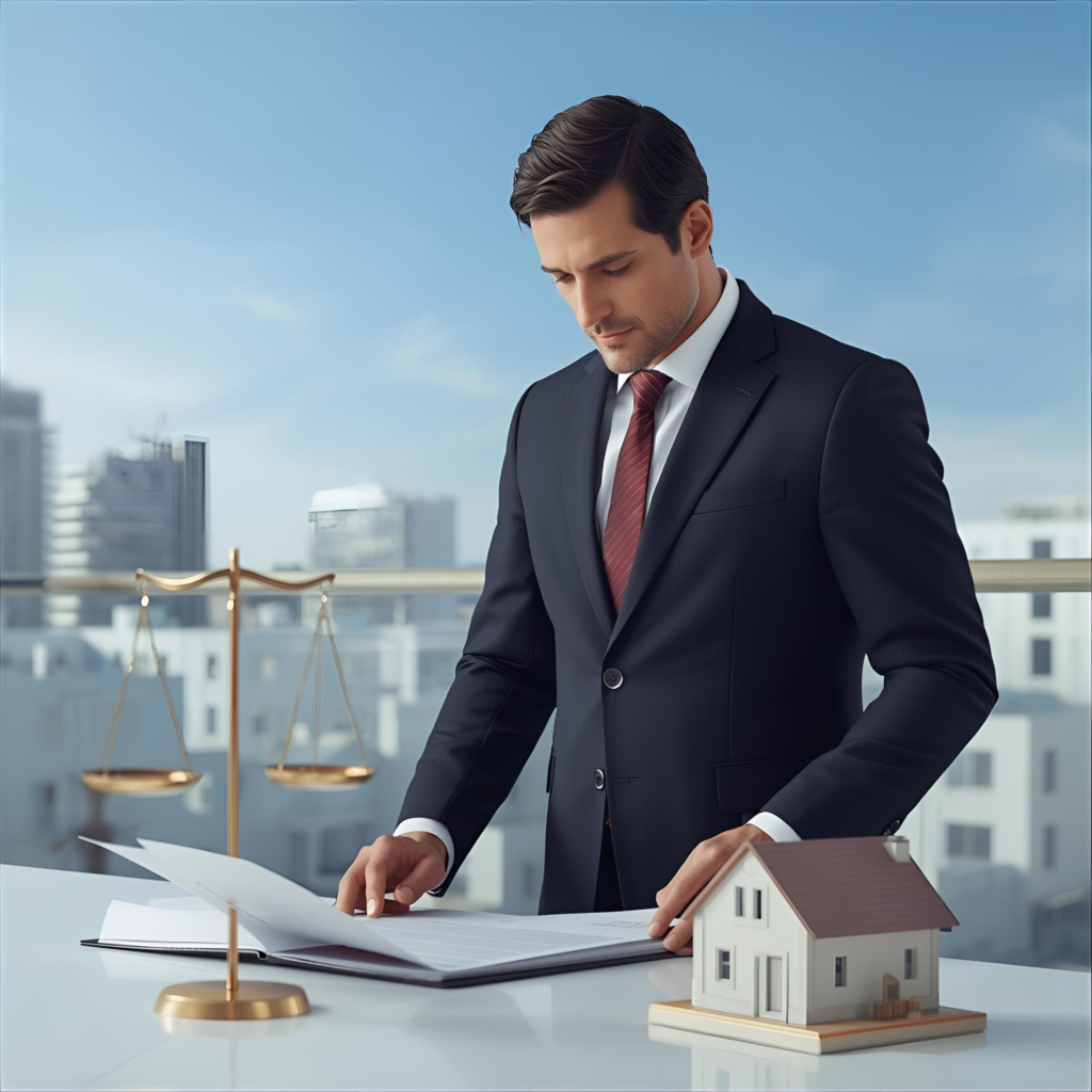 Avocat immobilier francophone vérifiant les droits d’un appartement de seconde main en Israël, illustration professionnelle pour article juridique.